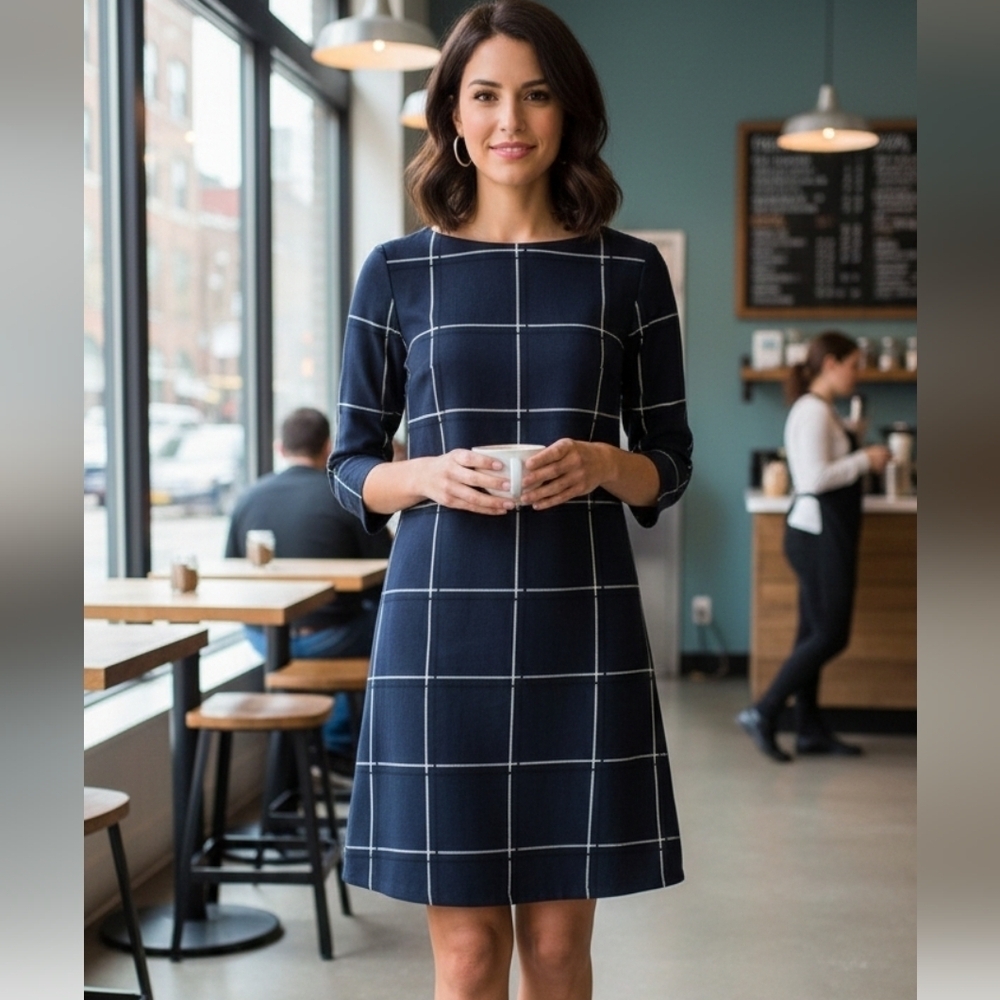 Vero Moda Navy and White Grid Long Sleeve Dress